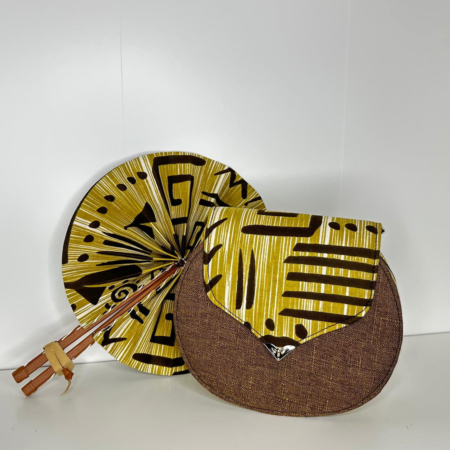 Ensemble Sac à main Artisanale Rond + Éventail fait main cuir /tissu