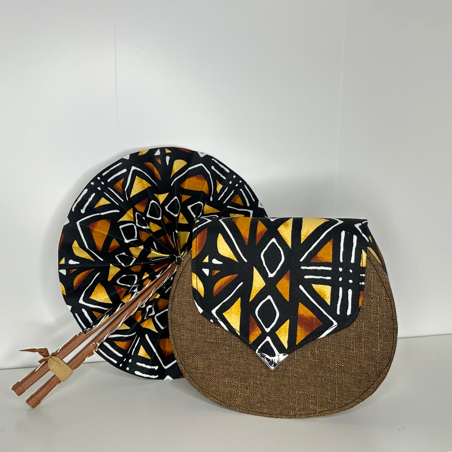 Ensemble Sac à main Artisanale Rond + Éventail fait main cuir /tissu