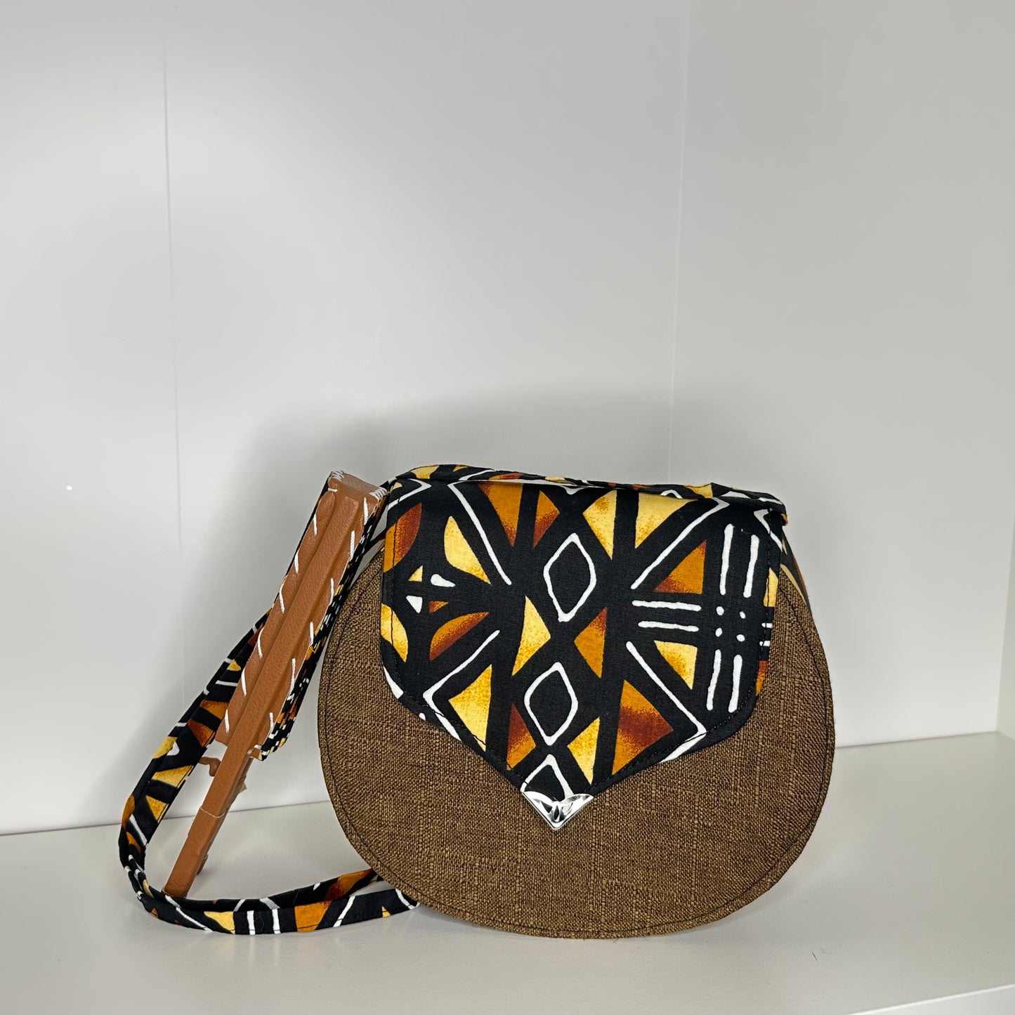 Ensemble Sac à main Artisanale Rond + Éventail fait main cuir /tissu