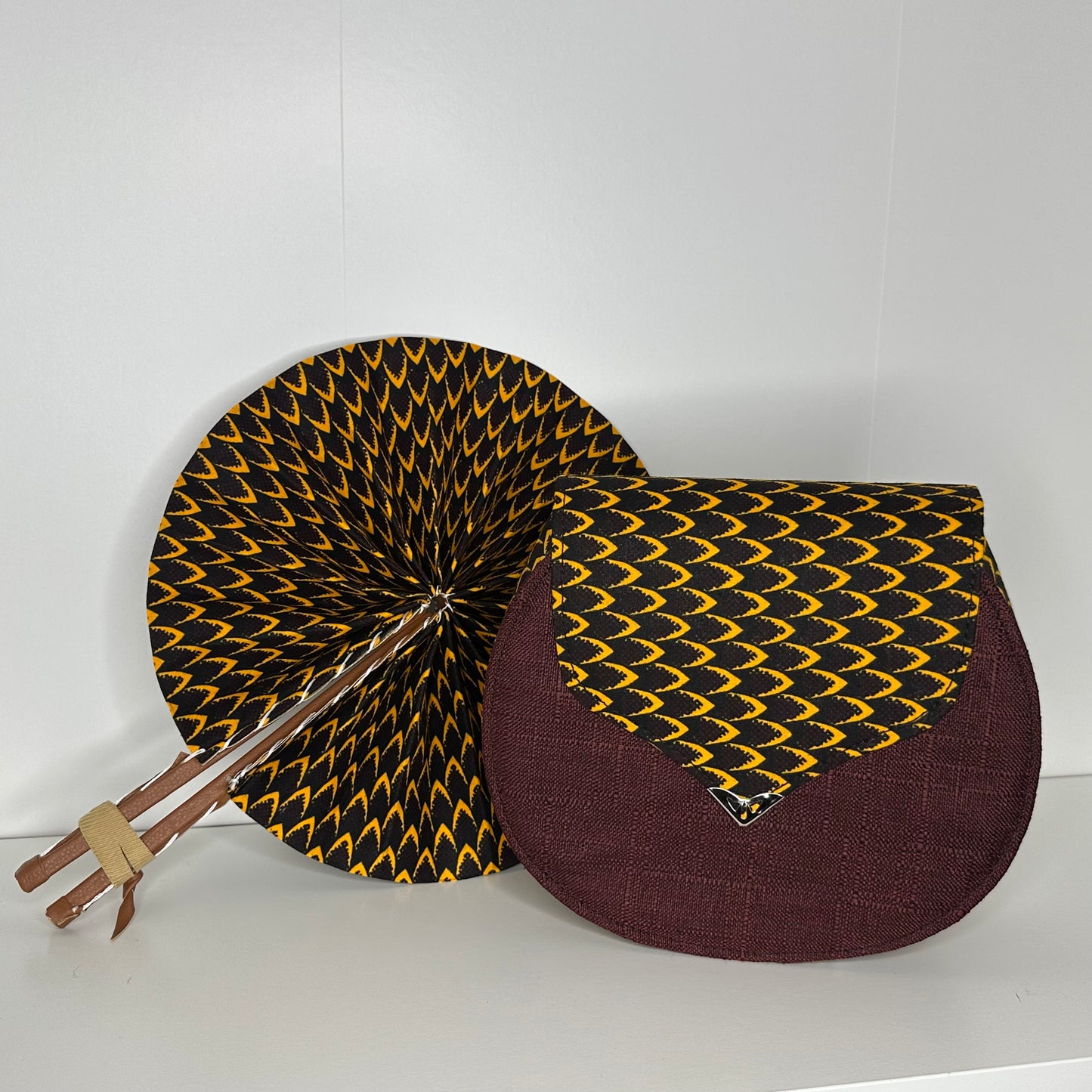 Ensemble Sac à main Artisanale Rond + Éventail fait main cuir /tissu